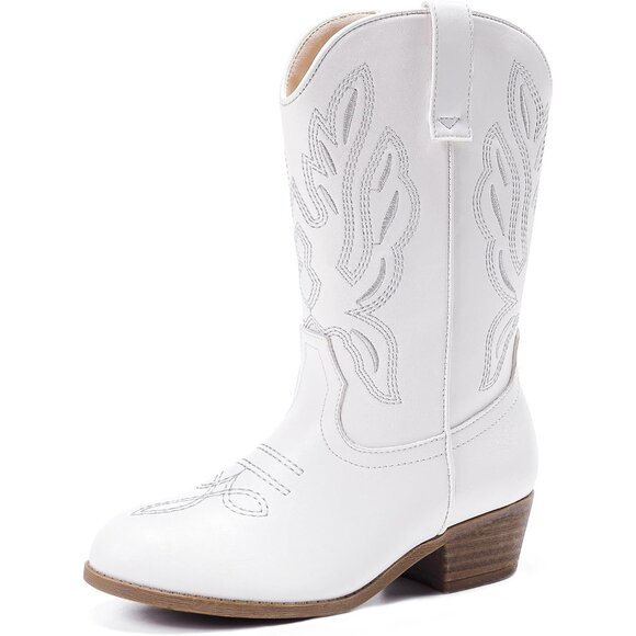 Kids White Pointed Toe Side Zipper Classic Embroidered Horse Riding Shoes - Picture 1 of 7